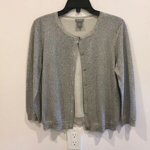 Ann Taylor Silver Metallic Crewneck Button-Front Cardigan